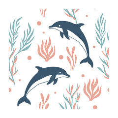 Two Blue Dolphins Swimming with Pink and Teal Seaweed Illustration