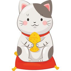 Maneki Neko Lucky Cat With Goldfish On Red Cushion Transparent Background Adorable Kawaii Style Domestic Animal