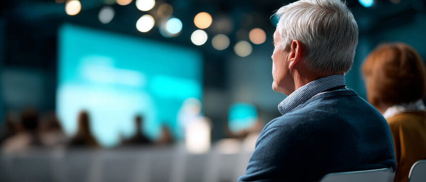 Senior man attentively listening during a conference or seminar with blurred audience and presentation screen in background