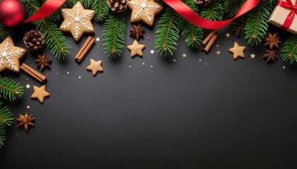 Festive christmas decorations including gingerbread cookies pine cones and ribbons on dark background holiday atmosphere flat lay arrangement for seasonal celebrations