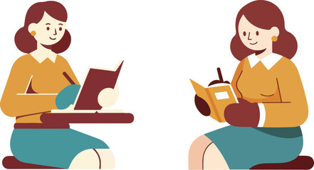 Retro Woman Journaling for Mental Health Flat Vector Illustration