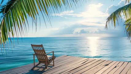 Peaceful tropical vacation scene with wooden deck chair on pier