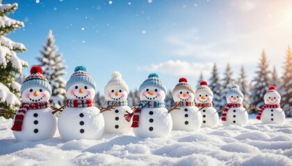 Winter wonderland celebration cheerful snowmen in a snowy forest holiday scene bright daylight whimsical mood playful atmosphere
