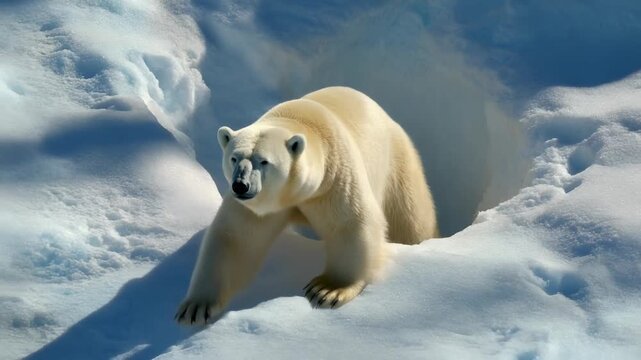 Majestic Polar Bear Emerges from Snowy Den in Arctic Landscape