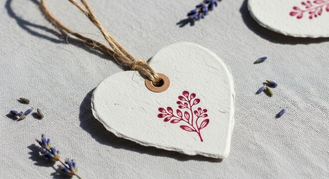 Handmade paper heart shaped gift tag with a botanical stamp and dried lavender flowers