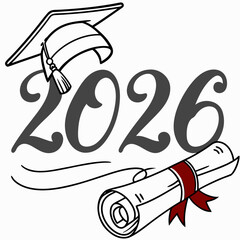 Illustration of a graduation cap, diploma, and the year 2026, symbolizing academic achievement and success, perfect for graduation announcements