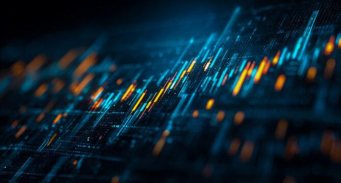 Abstract digital financial stock market graph with glowing blue and orange lines on a dark background