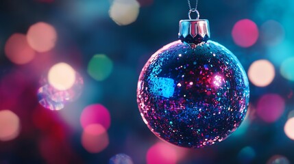 Fototapeta premium Sparkling Christmas ornament glitters with vibrant bokeh lights, creating a magical festive atmosphere for holiday celebrations