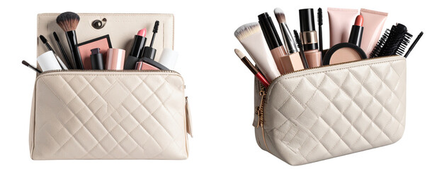 Quilted Leather Cosmetic Bag Filled with Makeup Essentials Isolated on Transparent Background