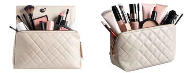 Quilted Leather Cosmetic Bag Filled with Makeup Essentials Isolated on Transparent Background
