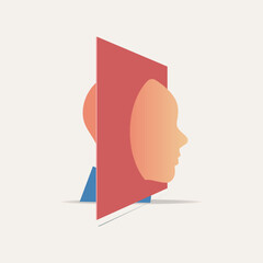 Abstract vector illustration of a human head partially emerging through a red geometric panel, creating a surreal and conceptual visual