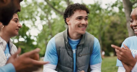 Volunteer, people or applause in park for community service, green project or conservation success. High five, positive impact or team clap for celebration, ngo or nature protection in trash cleaning