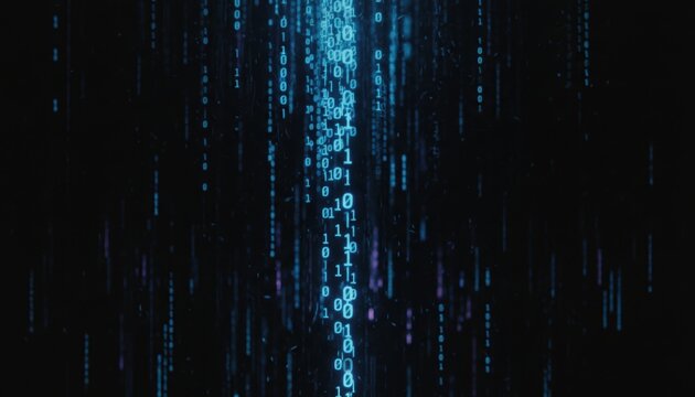 Low Key Dramatic Blue Binary Code Stream Across a Dark Abstract Background with Neon Glow