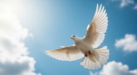 Fototapeta premium White Dove in Flight Against Blue Sky – Symbol of Peace and Hope with Sunlit Feathers 