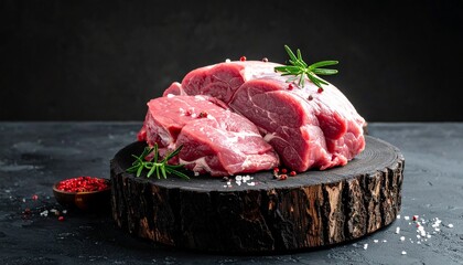 Fresh Raw Beef on Wood Slice ready for cooking healthy food preparation gourmet culinary ingredient.