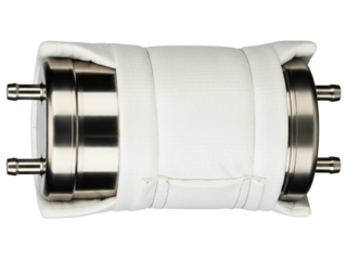 Industrial stainless steel pressure vessel with thermal jacket on a transparent background