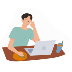 Man Working From Home On Laptop Computer With Mouse and Drink On Desk With Abstract Background