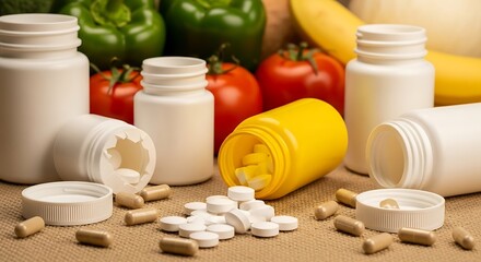 Vitamins and supplements with fresh vegetables and fruits, showcasing a healthy lifestyle and the importance of nutrition for overall wellbeing