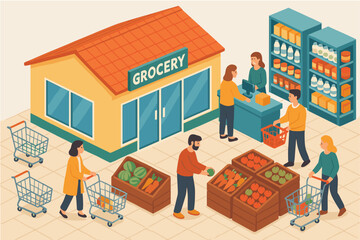 Isometric grocery store scene with customers shopping and checking out