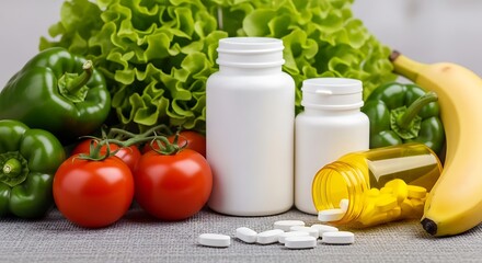 Vitamins and supplements with fresh vegetables and fruits, illustrating a balanced diet and the role of nutrition in maintaining optimal health