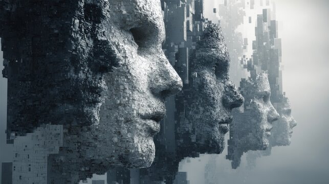 Abstract digital faces algorithmic data streams in innovative virtual art