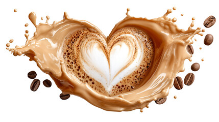 Creamy coffee splash heart latte art milk foam cappuccino espresso swirl pattern brown splash heart shape cafe drink roasted bean, isolated