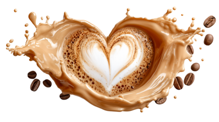 Creamy coffee splash heart latte art milk foam cappuccino espresso swirl pattern brown splash heart shape cafe drink roasted bean, isolated