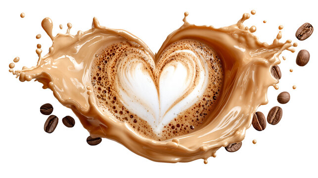 Creamy coffee splash heart latte art milk foam cappuccino espresso swirl pattern brown splash heart shape cafe drink roasted bean, isolated