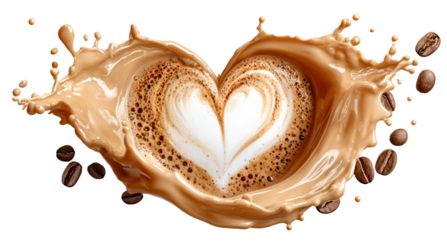 Creamy coffee splash heart latte art milk foam cappuccino espresso swirl pattern brown splash heart shape cafe drink roasted bean, isolated - Powered by Adobe