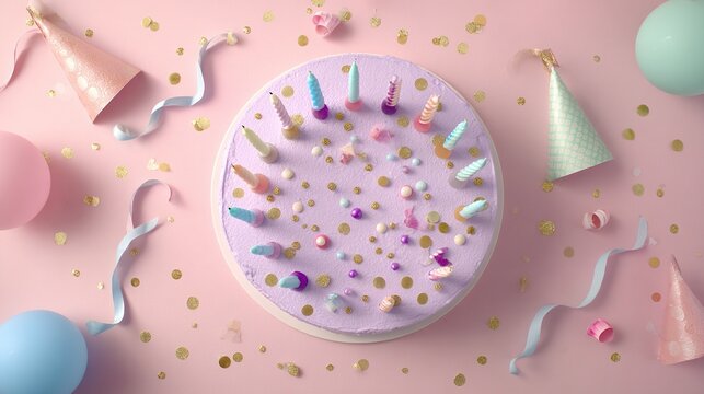 Whimsical unicorn-themed birthday cake with colorful candles and party decorations