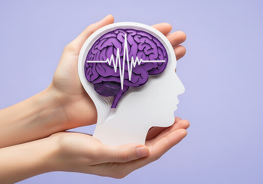 Hands hold brain cutout. Paper head with encephalography on purple background. Alzheimer, autism awareness, stroke, epilepsy, ADHD, seizure disorder, Mental and Neurological Health