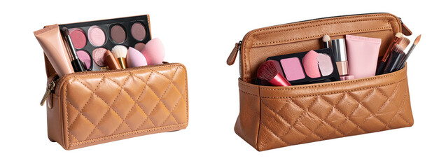 Stylish Leather Cosmetic Pouch Filled with Makeup Tools Transparent PNG