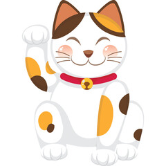 Maneki neko lucky cat beckoning with paw raised wearing red collar with bell white black brown and orange patches simple illustration on transparent background
