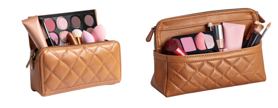 Stylish Leather Cosmetic Pouch Filled with Makeup Tools Transparent PNG