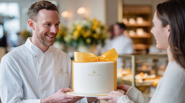Caucasian male pastry chef presents elegant cake with yellow bow to female customer in bakery
