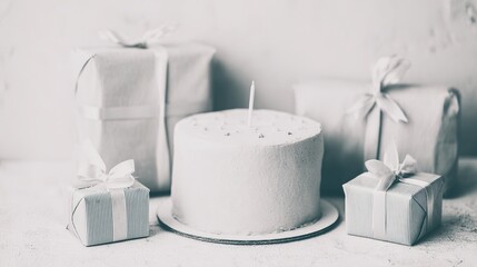 Elegant white birthday cake with candle surrounded by wrapped gifts