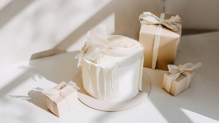 Elegant white cake with wrapped gifts on sunlit table