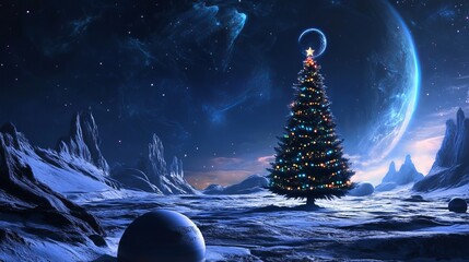 Surreal Christmas tree glows brightly on alien planet landscape under starry sky with vast planet looming large