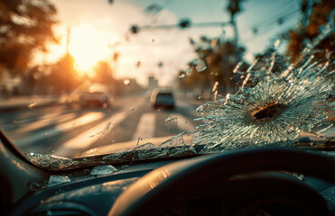 Broken windshield with shattered glass spiderweb and dashboard during sunset driving scene conveying tension and urgency