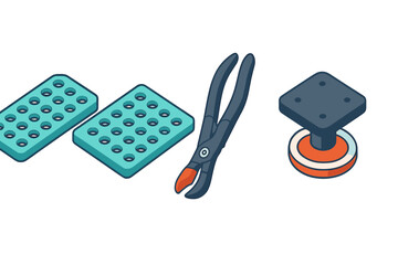 Specialized pliers, perforated component boards, and mounting base rendered in isometric style