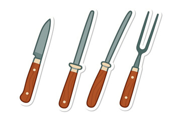 Professional butcher and chef utensils set with knife, honing steels, and meat fork