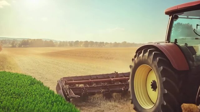 Gen Turbo zooms in on a tractor working in a golden field during sunset with slow pan movements capturing the peaceful landscape