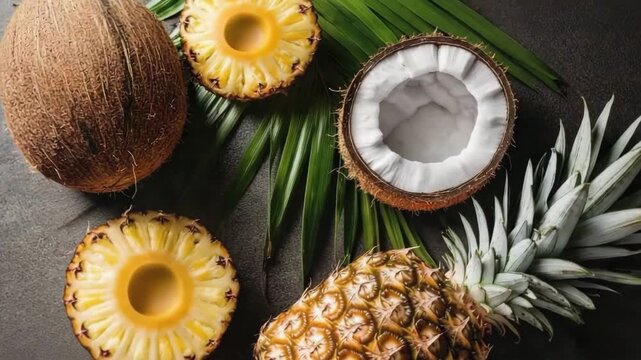 Fresh tropical fruits display with golden pineapple and coconut arranged creatively