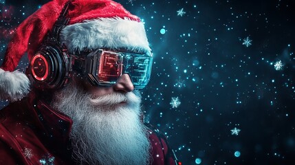 Futuristic Santa Claus wearing VR headset and headphones, immersed in a digital winter wonderland with glowing snowflakes and bokeh lights