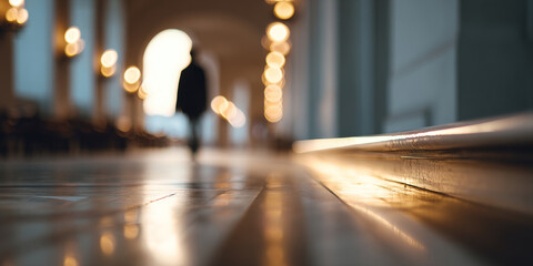 Blurred silhouette of a person walking through a corridor with warm glowing lights and reflective wooden floor in soft focus