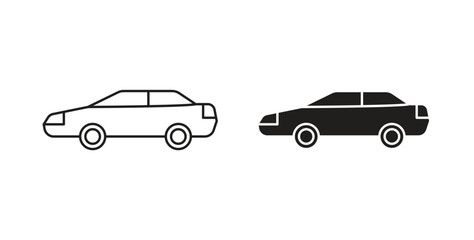Car side view icon glyph and line set thin line symbol concept.