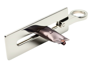 Metal tube squeezer tool for dispensing paint on a transparent background