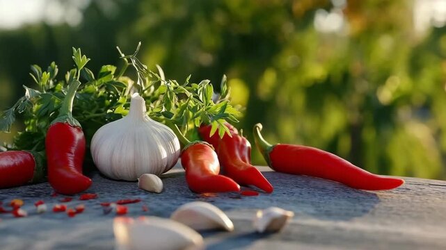 Gen Turbo camera captures vibrant peppers and garlic under warm sunshine in a lush garden setting