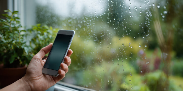 Hand holding smartphone near rainy window with water droplets and blurred garden outside, moody atmosphere and natural light