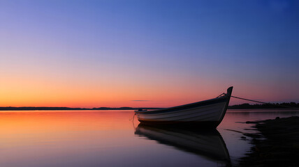 Serene boat silhouette on calm water at vibrant sunset